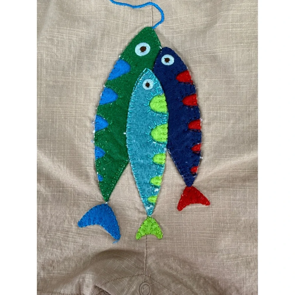 Mud Pie Baby 0-6M Fish Applique Romper Linen Look Coastal Nautical One Piece